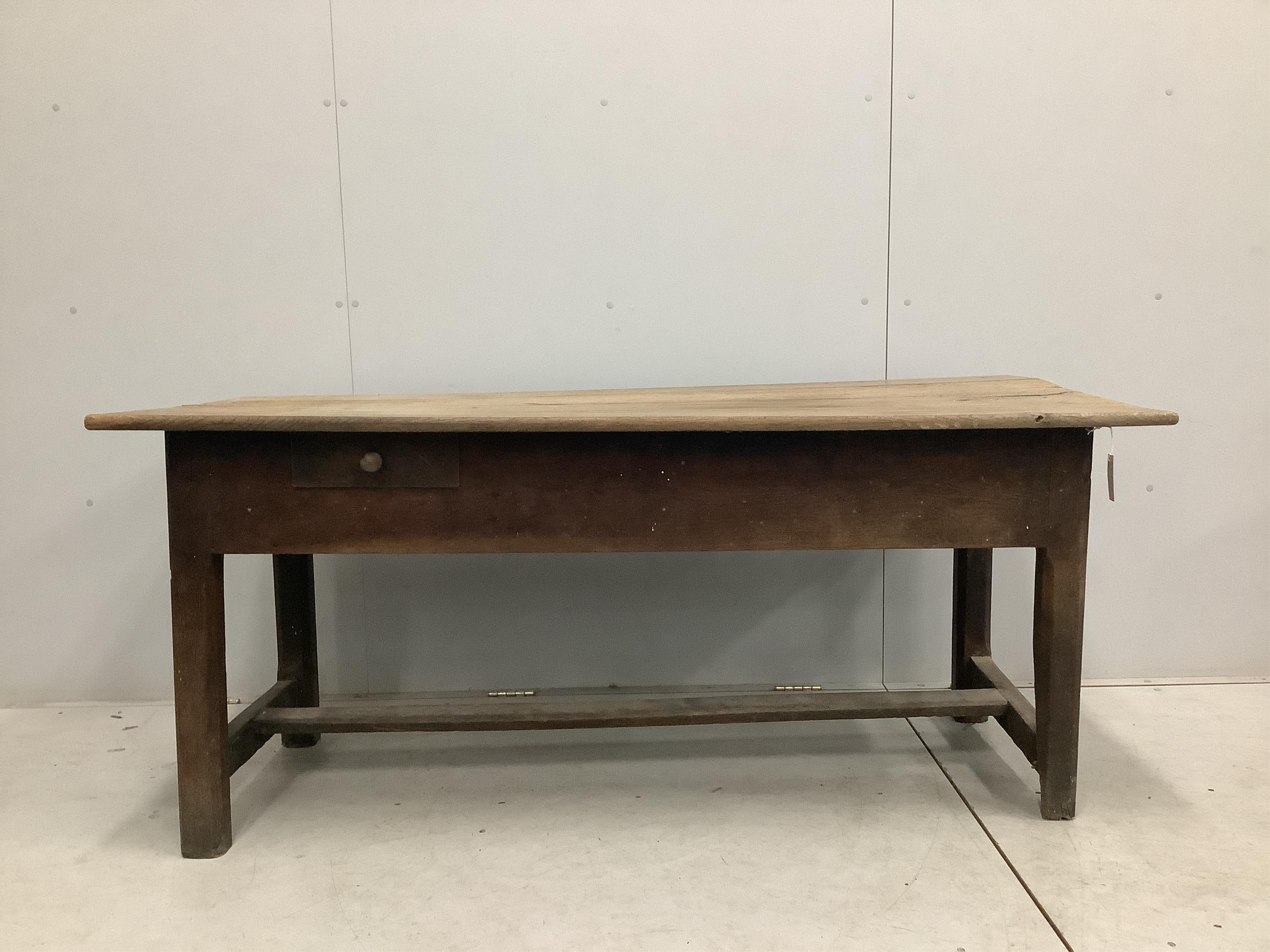 A 19th century French rectangular oak kitchen table, width 163cm, depth 76cm, height 72cm. Condition - fair